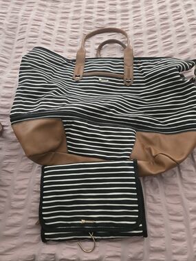 Stella & Dot Striped Black & White Weekender Tote with Brown Trim
